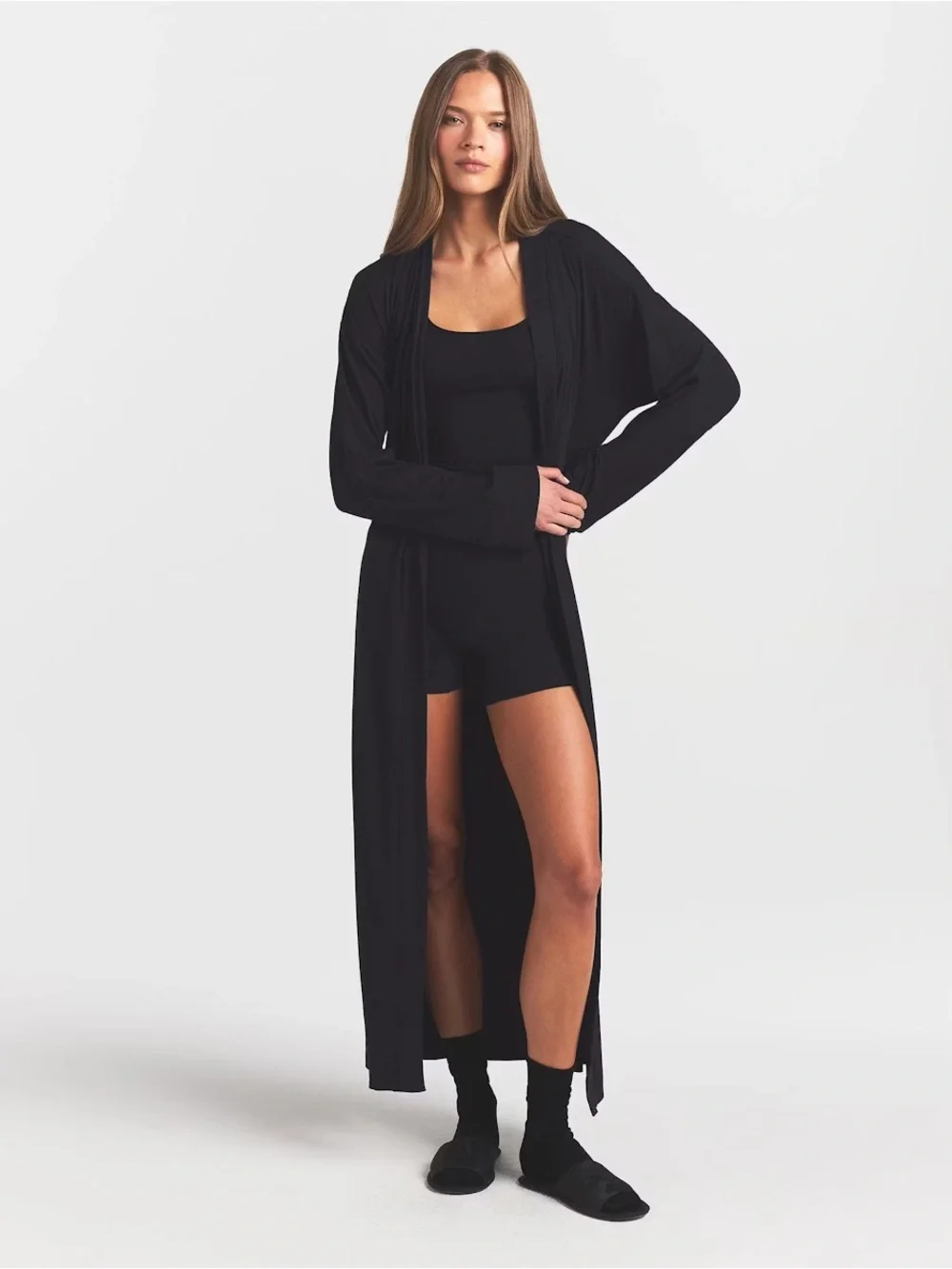 SKIMS Long Open-Front Black Knit Robe